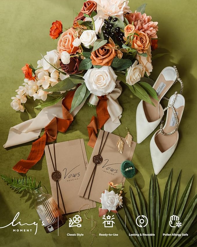 Ling's moment Terracotta Bridal Bouquet Cascading, Orange Wedding Bouquets for Bride, 13 Inch Bride Bouquets for Wedding Artificial Flowers Bouquets