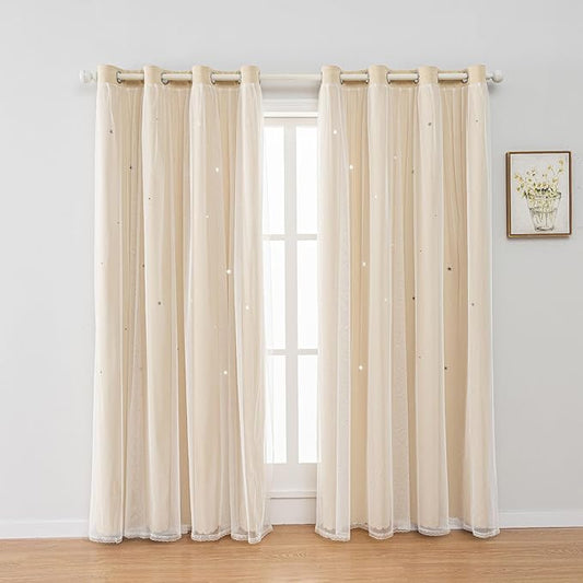 FANLI 2 Panels Star Blackout Curtains for Kid Girls Bedroom Living Room Darking Stripe Double Layer Star Cut Out Wall Home Decor Gradient Grommet Window Curtains (Beige 63L)