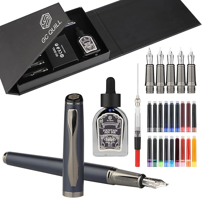 GC QUILL Calligraphy Fountain Pen Set - Includes 5 Nibs, Ink Bottle, Ink Refill Converter and 18 Cartridges, Fancy Pen for Women Men Gift - MU-25