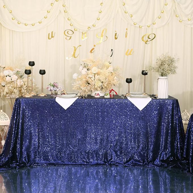 SquarePie Sequin Tablecloth 60 x 120 Inch Navy Blue Sparkly Table Linen for Wedding Party