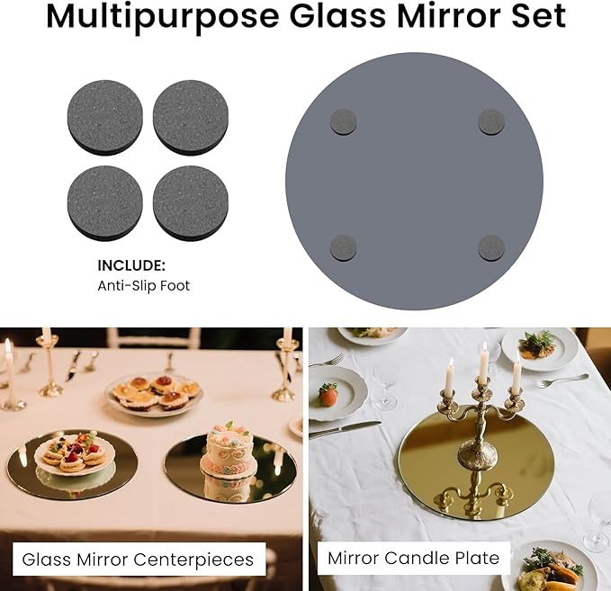 Glass Round Mirror Centerpieces for Tables, Set of 12Pcs 12" Golden Mirror Tables Centerpieces, Glass Trays for Wedding Decorations, Party Decorations, Baby Shower Party
