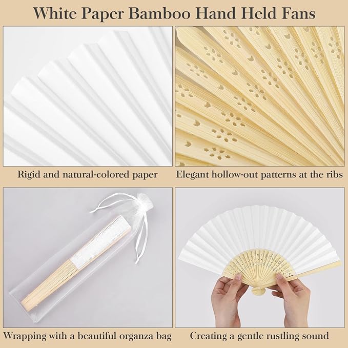 MCEAST 120 Pieces Wedding Handheld Paper Fans White Bamboo Folding Paper Fan with 120 Organza Bags Foldable Cool Wedding Favors Wedding Fans for Guests Party Favors DIY Decoration