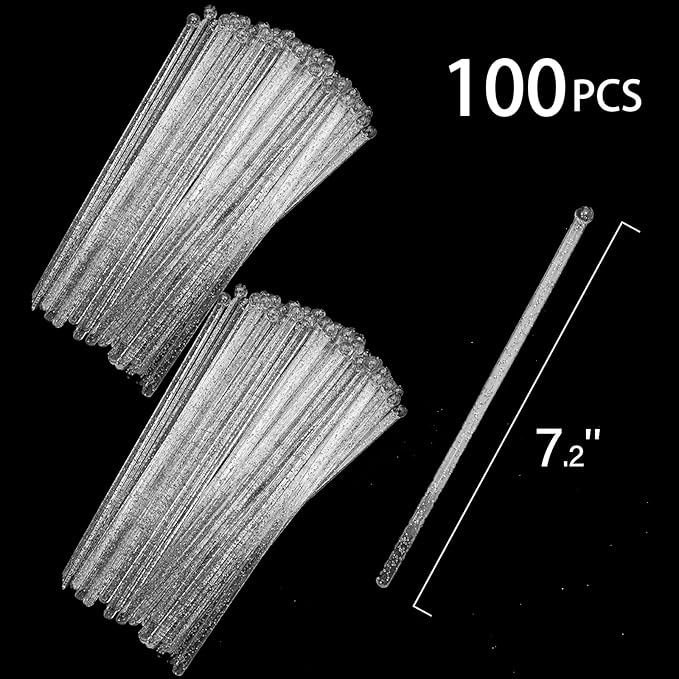 100-PCS Silver Glitter Plastic Swizzle Sticks, Crystal Cake Pops, Cocktail Coffee Drink Stirrers, Stir Sticks, 7.24 Inch