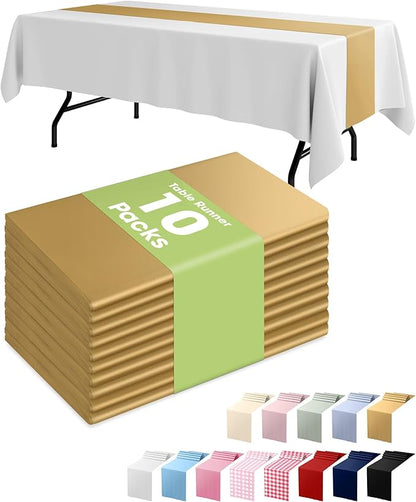 Pureegg Gold Plastic Table Runners - 10 Pack, 14'' x 108'', Water Resistant & Disposable Centerpiece Decorations for Table Cloth, Wedding, Birthday, Holiday, Baby Shower, Party, Home Decor