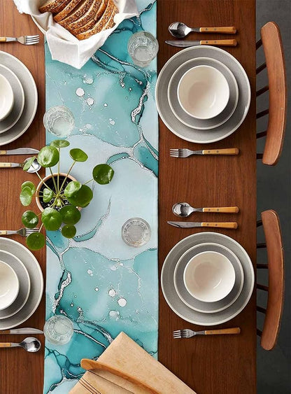 Turquoise Marble Cotton Linen Table Runner for Dining Kitchen, Wedding Outdoor Party Tablerunners Decoration, Nature Marble Crack Country Retro Dresser Scarf Coffee Tablecloth Runners 13x36 Inches