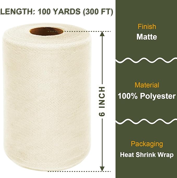 Ivory Tulle Fabric Roll 6 Inch X 300 FT (100 Yards) Matte Tulle Ribbon Netting Mesh Spool for DIY Tutu Skirt Wedding Bow Gift Wrapping Baby Shower Christmas Party Halloween Decorations