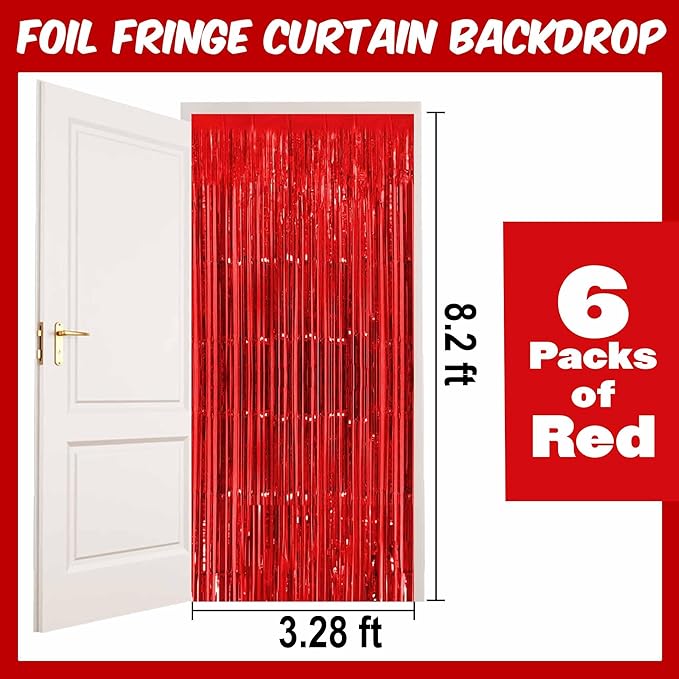 6 Pack Red Foil Fringe Curtains Backdrop, 3.28 x 8.2 Ft Metallic Streamers Tinsel Curtains Background for Photo Booth, Birthday, Weddings, Carnivals, Graduation, Themed Party Decorations