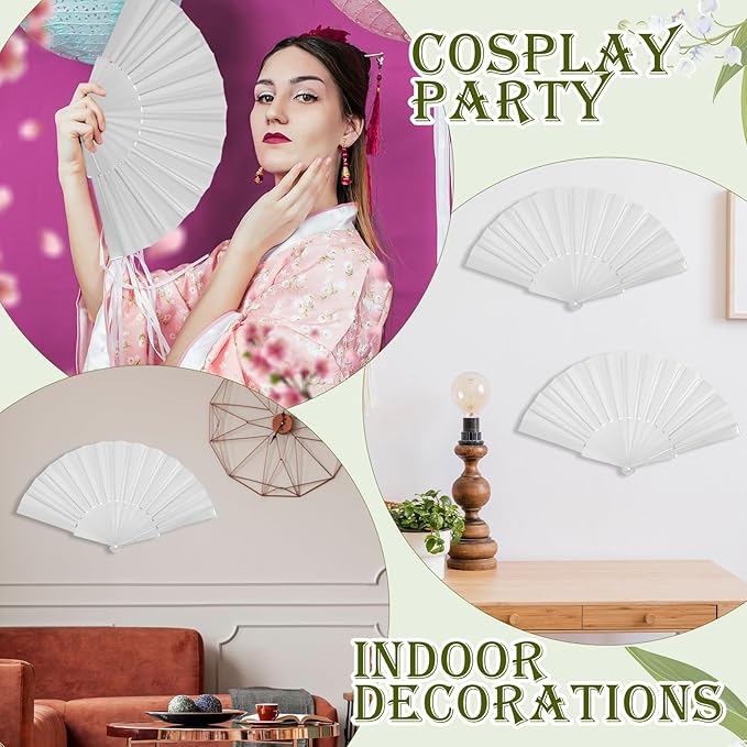 Wenqik 120 Pcs Wedding Folding Hand Fans Bulk Silk Fabric Chinese Handheld Foldable Clack Fans with Plastic Ribs for Party, Wedding Gifts, Line Dancing, Home Decorative (White)