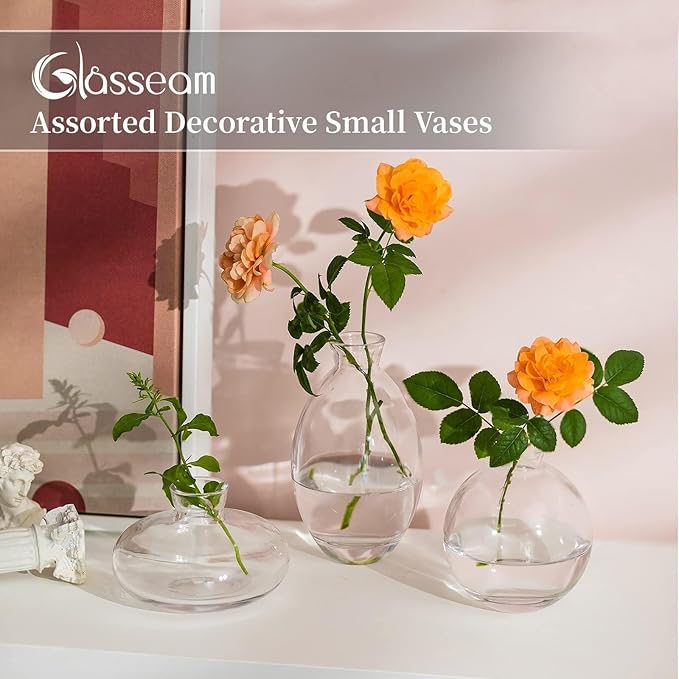 Glass Bud Vase for Centerpieces: 12Pcs Glasseam Clear Mini Small Vases for Flowers Bulk Flower Vase Set Aesthetic Cute Handmade Tiny Short Wedding Table Centerpiece Decor