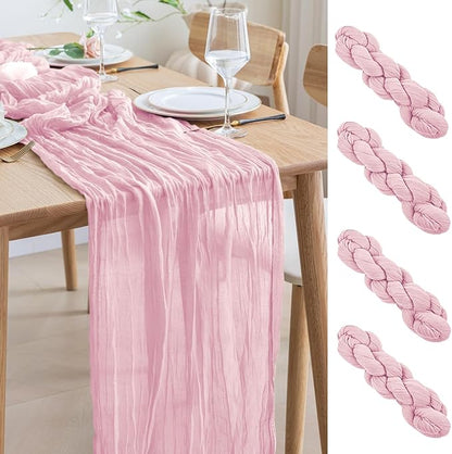 Asee'm 4pcs Cheesecloth Table Runner 120 Inches Blushing Pink Boho Gauze Cheese Cloth Runner 10FT Rustic Sheer Table Runners for Summer Wedding Baby Shower Holiday Party Decoration