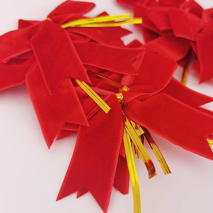 30pcs 3-1/2" Christmas Red Velvet Twist Tie Bows for Christmas Gift Wrapping with Fish Tails (Red Velvet Bow)