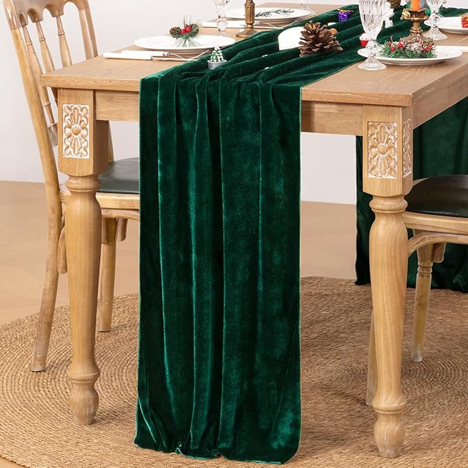 MLMC 2 Pack Emerald Green Velvet Table Runner 10ft Luxury Dark Green Velvet Fall Table Runner 20x120 Inches Glossy Wedding Table Runner for Bridal Shower Birthday Party Gathering Decor