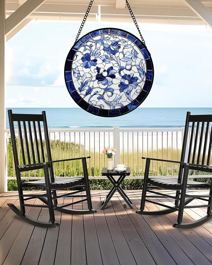 Stained Glass Window Hanging, Blue and White Abstract Flowers Sun Catcher for Door Home Decor Suncatcher Christmas Mother's Day Birthday Gifts for Women Men Mom and Nana 6.3 in