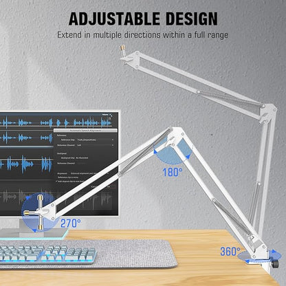 FIFINE Microphone Boom Arm, Suspension Mic Arm Stand with Mount Clamp, Metal Scissor Mic Stand with 3/8" to 5/8" Adapter for Home Studio Recording Podcast Gaming-CS1 White