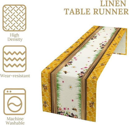 Watercolor Honeycomb Table Runner, Farmhouse Spring Summer Autumn Fall Floral Daisy Bee Print Kitchen Dining Table Decoration for Home Party Decor, 13x60inch