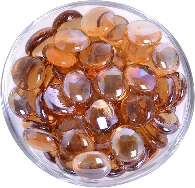 KINGOU Flat Glass Gems/Marbles/Stones/Beads for Vase Filler, Table Scatter, Games - 1 Lbs (17-19mm, Approx. 3/4")-Light Brown
