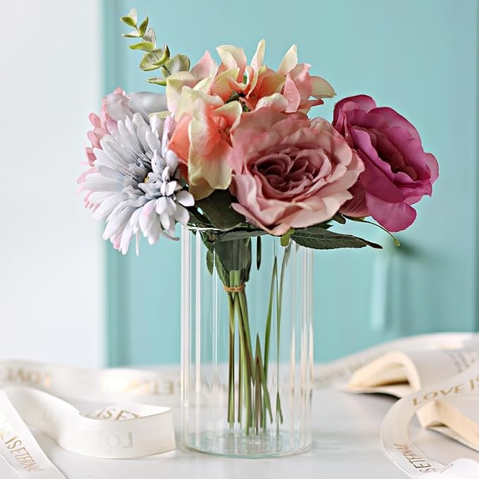 12Pcs Glass Cylinder vases for Centerpieces, 6 Inches Clear Ribbed Bud Vases for Wedding Decorations,Floral Vase Bulk Flower vases,Tall Glass Hurricane Candle Holder for Table Shelf, Party(Ribbed)