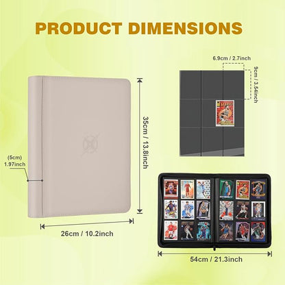 Trading Card Binder, Card Binder 9 Pocket for Trading Cards, Holds 540 Cards, Zippered Premium Card Collection Binder Album for Game Card, Sports Card, Yugioh, MTG (Ivory White)