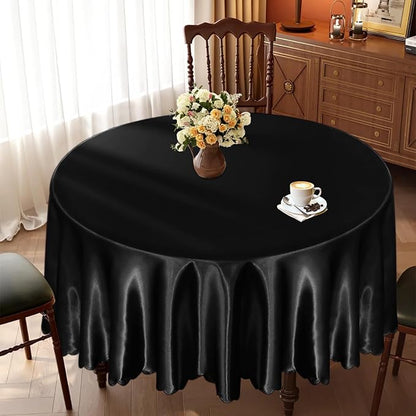 KKJIAF 1 Pack 108 Inch Round Table Cloth, Black Overlay Round Satin Table Cover, Silky Satin Dining Tablecloths for Wedding Buffet Parties Banquet Decoration