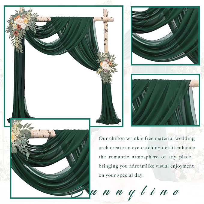 Emerald Green 2 Panels Wedding Arch Draping Fabric 20Ft Length x 28" Width Arch Drapes Chiffon Fabric Sheer Curtains Backdrop for Party Bridal Decorations Wedding Ceremony Stage Reception Decor