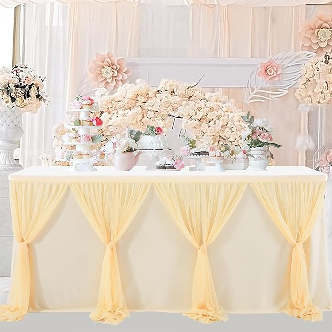 14ft Champagne Table Skirt Tulle Wedding Table Cloth Elegant Tutu Table Skirt Cover for Birthday Party Baby Shower Dessert Buffet Banquet Table Decorations