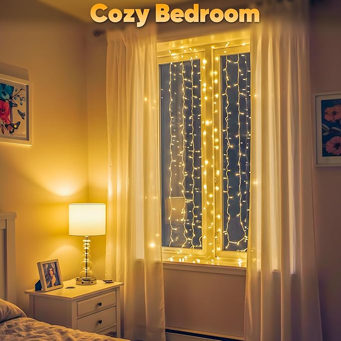 suddus Curtain Lights for Bedroom, 90 Led Hanging String Light Outdoor, Fairy Curtain Lights Indoor for Christmas, Dorm, Wall, Backdrop, Window, Wedding, Party, Birthday Decor, Warm White