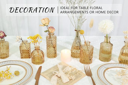 12pcs Glass Bud Vase Set, Small Gold Amber Flower Vases for Centerpieces in Bulk, Mini Vintage Vase for Wedding, Home,Table Decoration