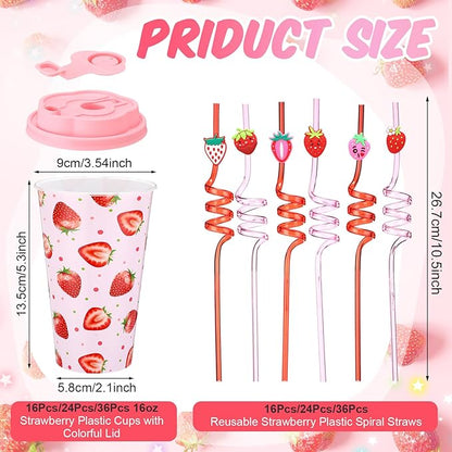 Yungyan 24 Sets Strawberry Party Favors Goodie Cups with Lids and Straws for Birthday Decorations Reusable 16oz Plastic Candy Cups Plastic Straws for Birthday Party (Strawberry)