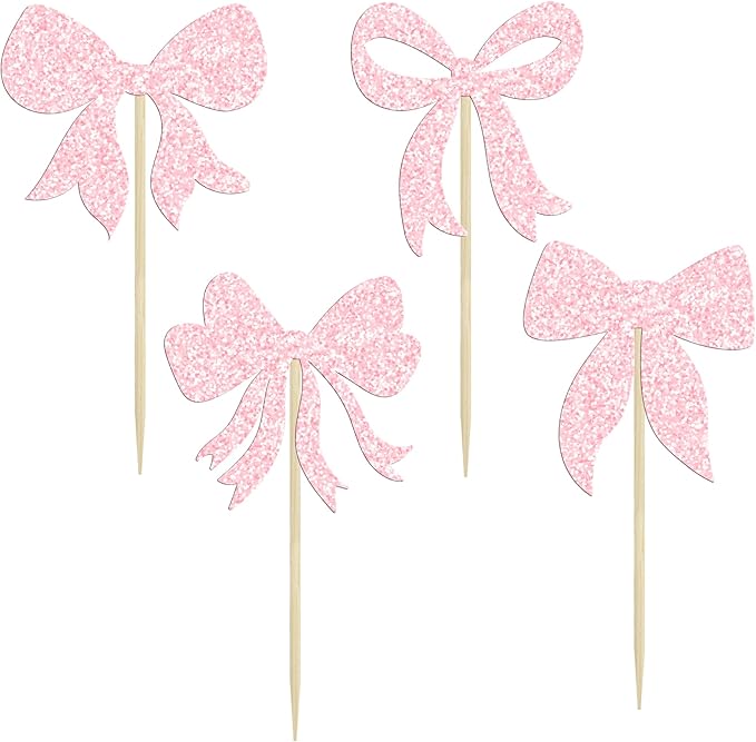 Gyufise 36Pcs Bow Cupcake Toppers Glitter Girls Birthday Decorations Bowknot Cupcake Picks Bow Tie Birthday Decorations Bow Cake Toppers for Bridal Baby Shower Bachelorette Party Supplies Light Pink