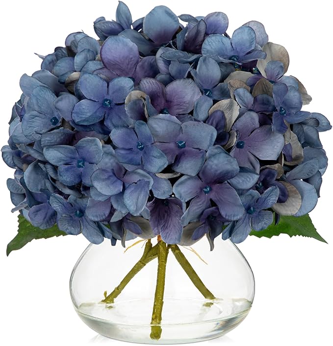 Hollyone Blue Hydrangea Fall Flowers Artificial for Decoration with Glass Vase Autumn Silk Faux Flower Arrangements with Fake Water Table Centerpiece Vase with Flowers Fall Decorations for Home