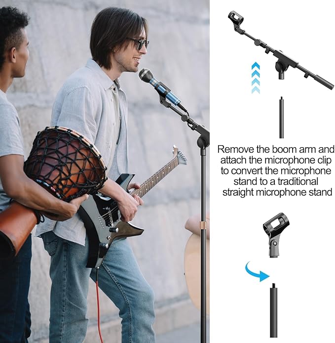 Mic Stand with Boom Arm, Heavy Duty Tripod Microphone Stand Floor Holder Height Adjustable with Carrying Bag and 2 Mics Clips for Singing Performance, Home Studio Recording, Podcast and Stage