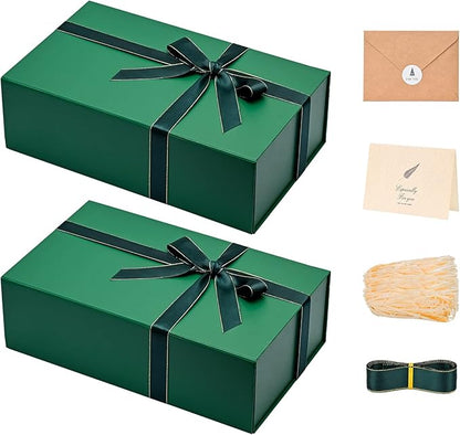 LIFELUM Gift Boxes with Lids 2 Pack 13.85 x 8.35 x 4.45 inch Green Christmas Gift Boxes with Strong Magnetic Lid for Presents with Luxury Accessories Card, Ribbon, Filler,Sticker