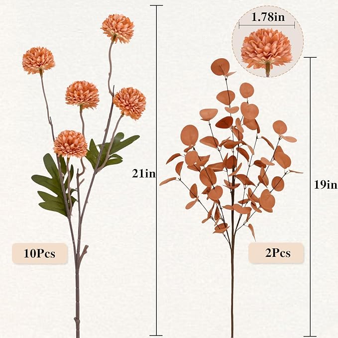 Waipfaru 10pcs Fake Silk Pompon Mum Artificial Fall Flowers, Faux Mini Chrysanthemums with 2pcs Eucalyptus Stems, Fall Decor for Centerpieces Wedding, No vase, Multicoloured