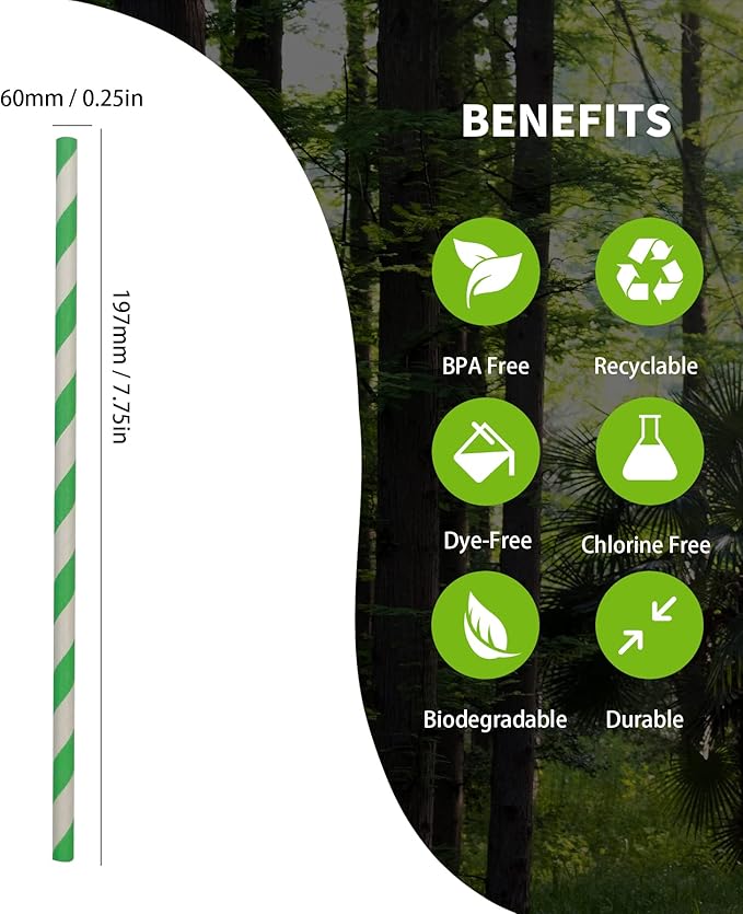 Environment Green White Paper Straws Bulk 100, Disposable Green Striped Drinking Straws with Kraft Box Packing Coktail Straw for Holiday Use Juice Patener