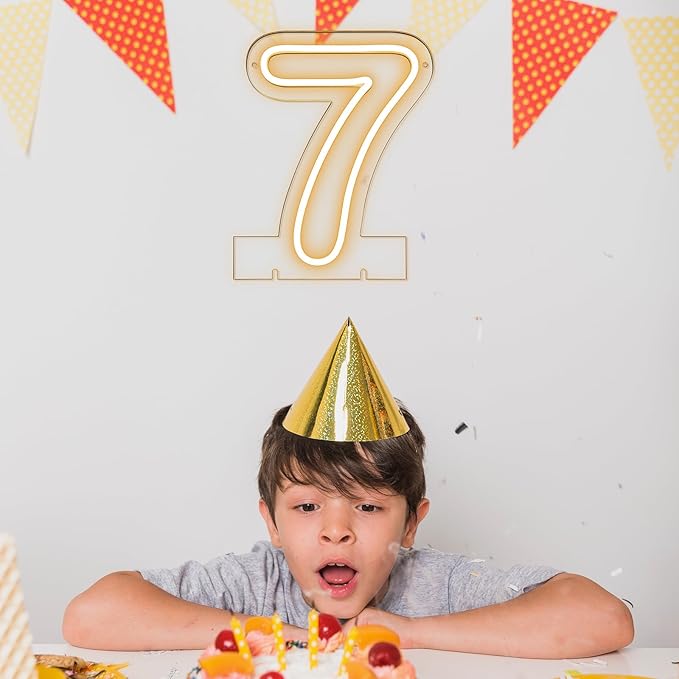 Number 7 LED Neon Sign Backdrop Birthday Party Decoration, 11.3" Height Warm White Marquee Numbers Seven Light Up Sign for Wedding Anniversary Window Wall Table, Indoor Battery Operated or USB