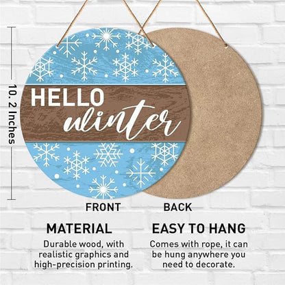 Muktoujaumai Hello Winter Sign Front Door Decor, Christmas Round Hanging Sign Decor Farmhouse Snowflake Xmas Holiday Wall Decorations Winter Wood Sign for Door, Porch, Home
