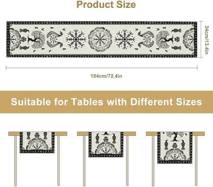 Ancient Abstract Pattern Table Runner, Tree of Life Eagle Dragon Boat Rudder Black and White Table Runner 13x60 Inch