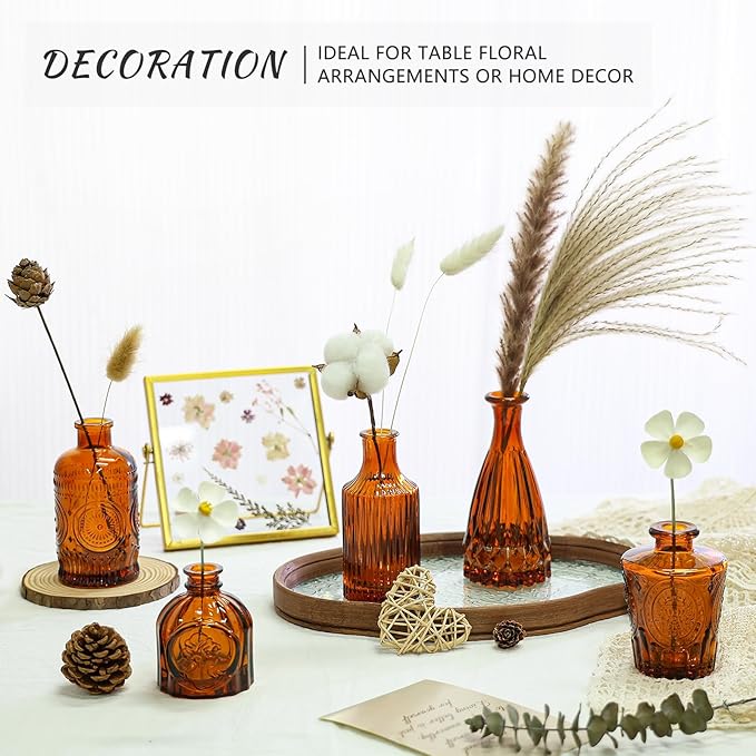 12Pcs Glass Bud Vase Set, Small Dark Brown Flower Vase for Centerpieces, Bud Vases in Bulk, Mini Vintage Vase for Rustic Wedding Decorations（Amber）