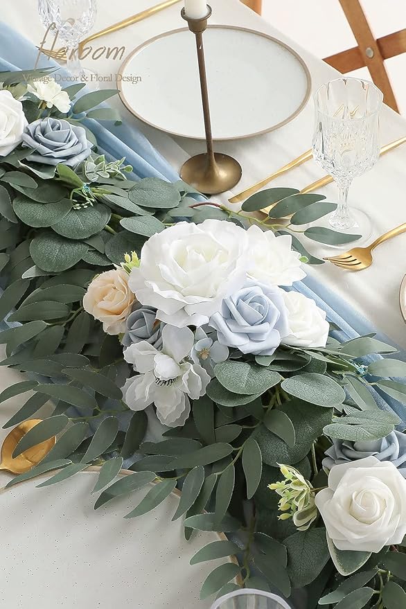 Floroom 6ft Artificial Eucalyptus Garland with Flowers Fake Greenery Faux Floral Vine Garland for Table Decor Wedding Centerpieces Bridal Shower Party Decorations, Dusty Blue