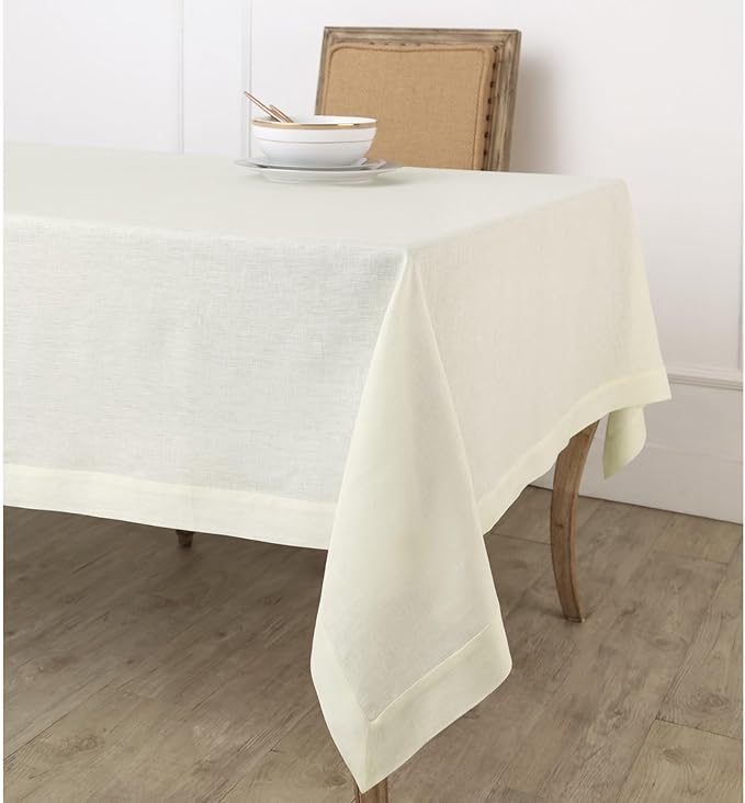Solino Home Linen Ivory Tablecloth 52 x 52 Inch - 100% Pure Linen Square Table Throw - Fete, Machine Washable Table Cloth for Fall, Autumn, Thanksgiving, Christmas, Holiday