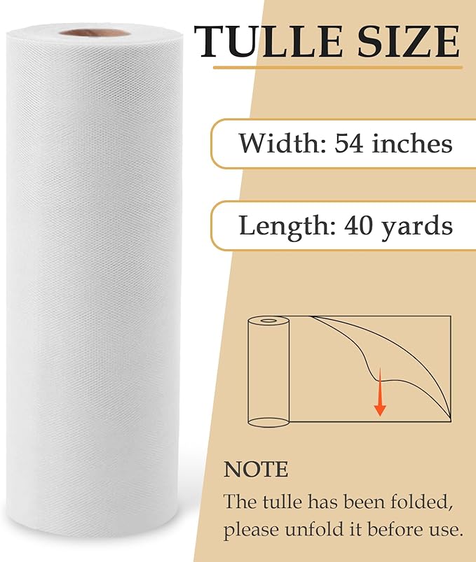 White Tulle Fabric Roll, 54" x 40 Yards (120FT) Tulle for Wedding Decoration Christmas Gift Wrapping DIY Tutu Party Backdrop Garden Baby Shower Table Skirts