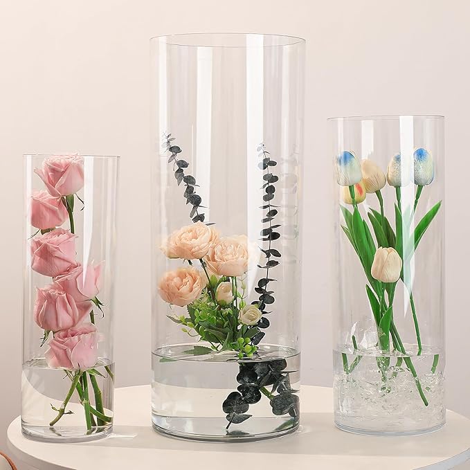 Extra Large Acrylic Cylinder Clear Vase for Floor, Tall Big Wide Mouth Plastic Unbreakable Hurricane Flower Vases of 3 for Home Decor (D 8" X H 15.8", D 6", D 4.8" + 2 Holder)