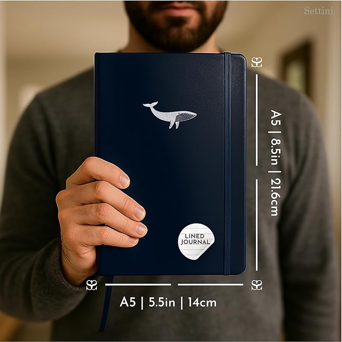 SETTINI Lined Journal, Ideal for Journaling - A5 Vegan Leather Notebook, 192 Archival-Quality Pages, QuillEase Bleed-Free Paper, Inner Pocket & Bookmark - Whale Gifts for Women & Men, Navy Whale