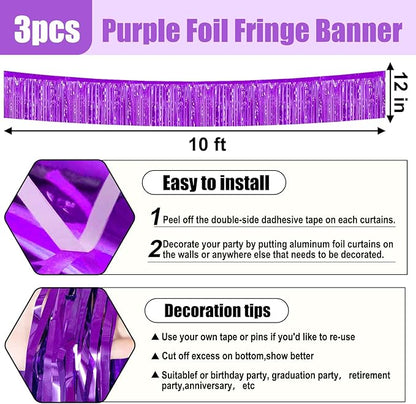 3 Pack 10 Feet Purple Foil Fringe Garland Metallic Tinsel Streamers Banner Wall Hanging Curtain Backdrop for Parade Floats, Christmas Day, Valentine's Day, Thanksgiving, Birthday Party Decorations