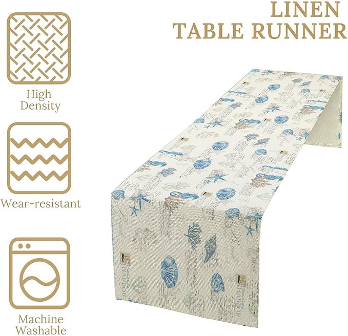 Starfish Table Runner,Vintage Nautical Seashell Tropical Beach Theme Coastal Ocean Sea Burlap for Hotel Indoors Outdoor Dining Room Kitchen Tablecloth, 13x60in