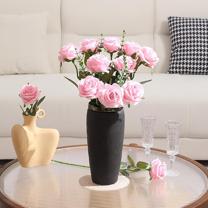 Tifuly Pink Roses Artificial Flowers - 12 pcs Realistic Single Long Stem Fake Silk Roses Bouquet for Party Home Wedding Centerpiece Office DIY Decor