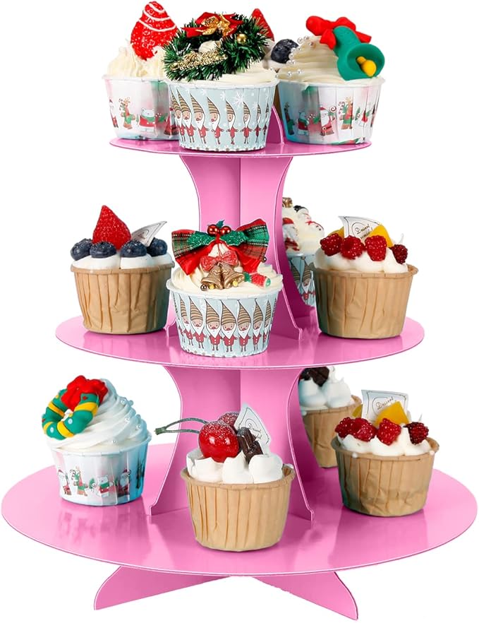 3-Tier Cupcake Stand, Cake Stand holder, Tiered DIY Cupcake Stand Tower for Dessert Table Displays, Birthday Theme Party Favors Decoration, Floral Tea Party, 12" W x 12.8" H, Pink