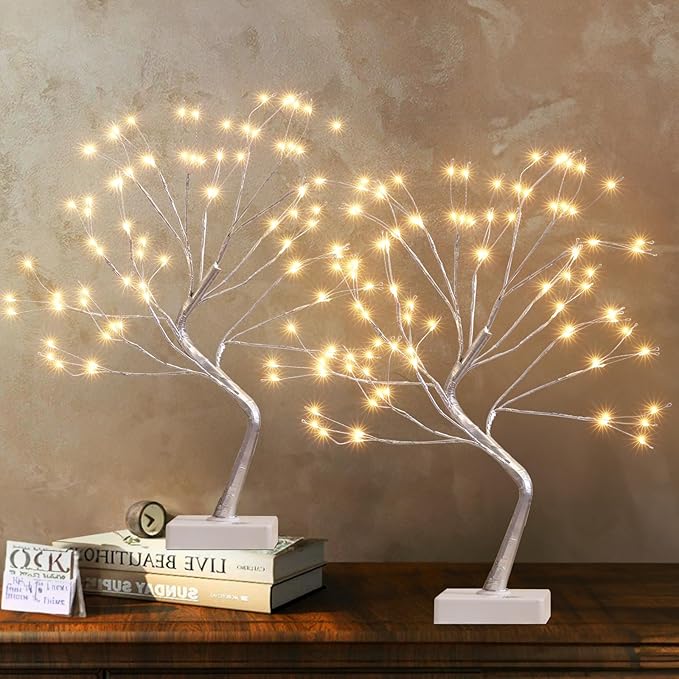 EAMBRITE Fairy Light Tree, 108 Led Light up Trees Decor Indoor, 8 Modes Fairy Light Spirit Tree for Christmas Decorations, USB& Battery Tabletop Bonsai Tree for Home Bedroom Decorations (2 PK, Sliver)
