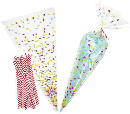 EKAPACKAGING 50Pcs 6.3x11.8 Inches Sprinkle Print Cone Shaped Treat Cellophane Bags Twist Tie Triangle Christmas Party Favor Cotton Candy Bags With Ties For Popcorn, Chocolates, Ice Cream Cone