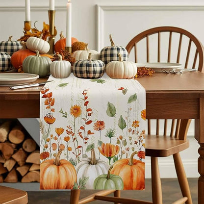 Fall Wildflowers Cotton Linen Table Runner for Dining Kitchen, Thanksgiving Pumpkin Outdoor Party Rustic Tablerunners Decoration, Botanical Floral Vintage Dresser Scarf Tablecloth Runners 13x48 Inches